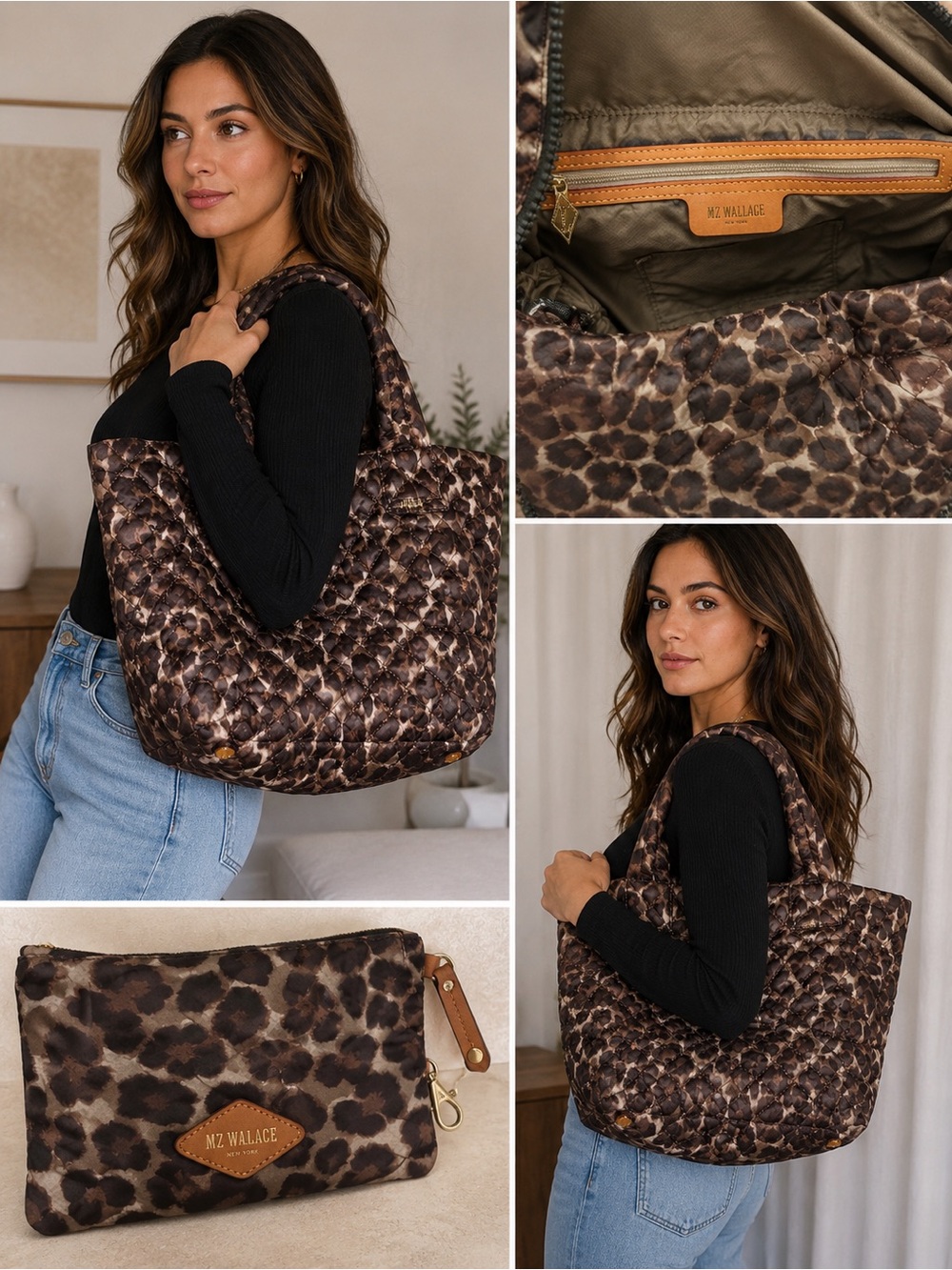 MZ Wallace Leopard Print Quilted Tote Bag + Matching Zip Pouch